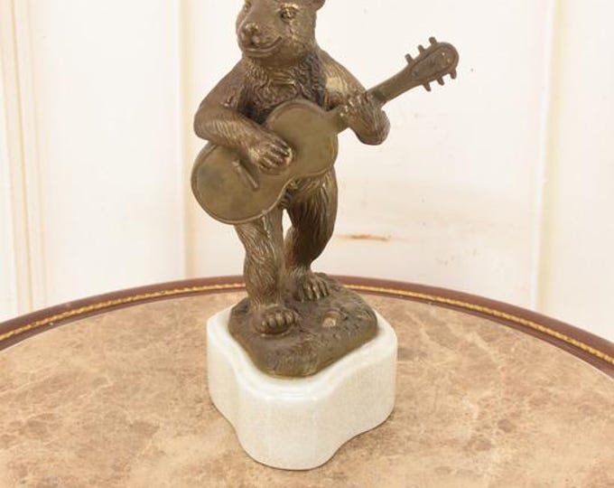 Funny Bronze Bear Playing Guitar – Vintage Animal Figurine