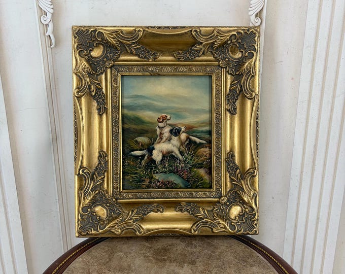Vintage English Setter Hunting Dogs Painting - Country Hunting Scene - Ornate Gold Frame - Classic Wall Art