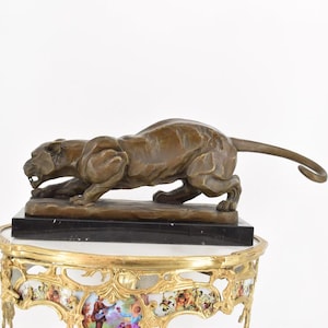 Large Crouching Tiger Bronze Sculpture on Marble Base - Realistic Panther Jaguar Statue, Luxury Gift Idea - Home Decor