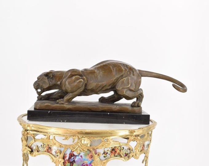 Large Crouching Tiger Bronze Sculpture on Marble Base - Realistic Panther Jaguar Statue, Luxury Gift Idea - Home Decor
