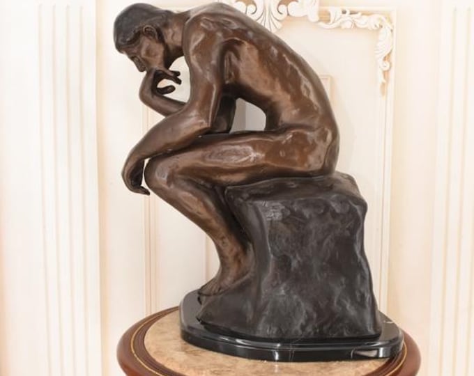 Rodin Style Bronze Adam Sculpture – Classical Male Figure, Marble Base