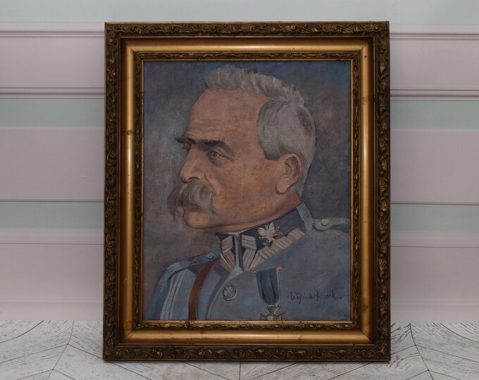 Antique Painting Jozef Pilsudski Portrait - Kossak Old Painting on Canvas - Wall Home & Office Decor - Gift for Polish Patriots Timeless Art