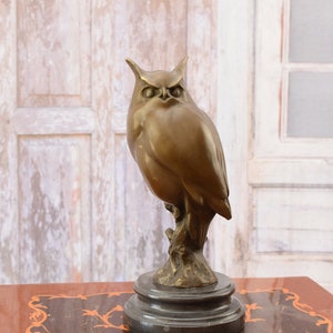 Large Bronze Owl Figurine: Vintage Wisdom Symbol on Marble Base image 2