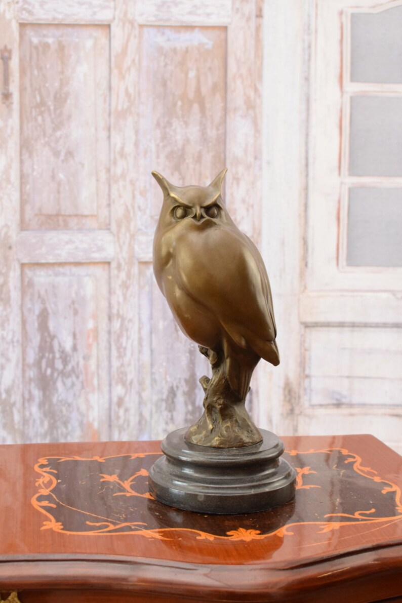 Large Bronze Owl Figurine: Vintage Wisdom Symbol on Marble Base image 2