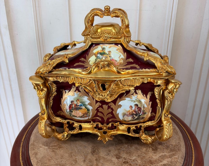 French Gilt Bronze & Hand-Painted Porcelain Jewelry Casket - Antique Trinket Box