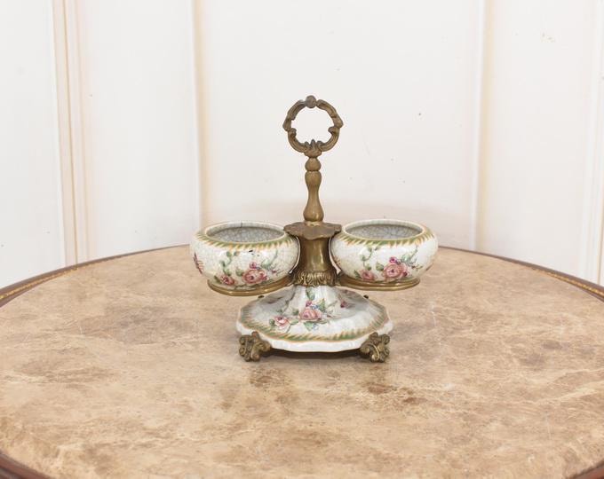 Double-Tier Porcelain Serving Stand with Bronze Mounts | Hand-Painted Floral Motif | Elegant Antique Vintage Centerpiece – Home Decor