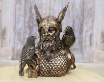 Buste d'Odin fabriqué à la main avec des corbeaux - Mythologie nordique viking - Statue de dieu Dieu nordique - Dieu de la guerre et des guerriers - Décoration de maison