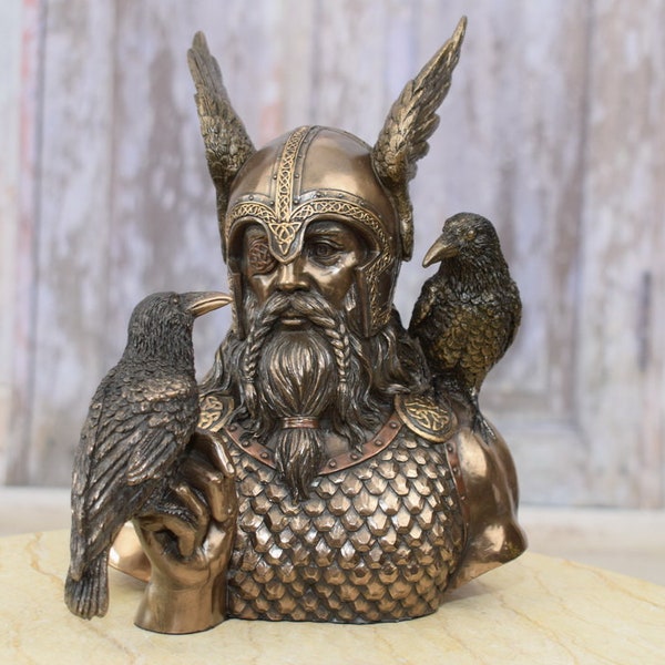 Handcrafted Odin Bust with Ravens - Viking Norse Mythology - God Statue Nordic God - God of War and Warriors - Home Decoration