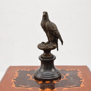 Vintage Eagle on Pedestal - Hunting Bronze Statue on Marble Base - Buzzard Figure - Solid Bronze Buzzard - Home and Office Decor - Gift Idea