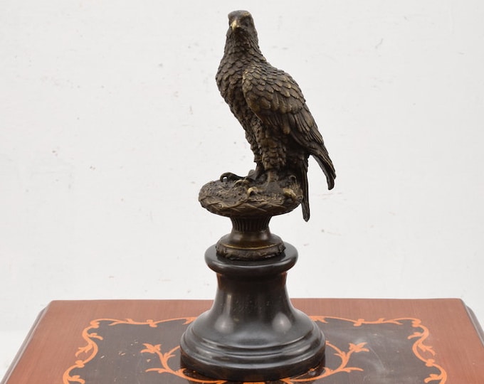 Vintage Eagle on Pedestal - Hunting Bronze Statue on Marble Base - Buzzard Figure - Solid Bronze Buzzard - Home and Office Decor - Gift Idea