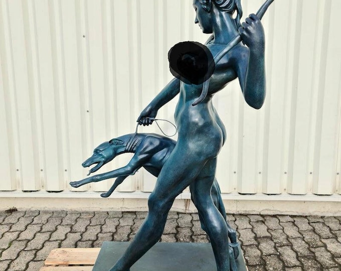 Large Bronze Statue: Diana, Goddess of the Hunt with Greyhound