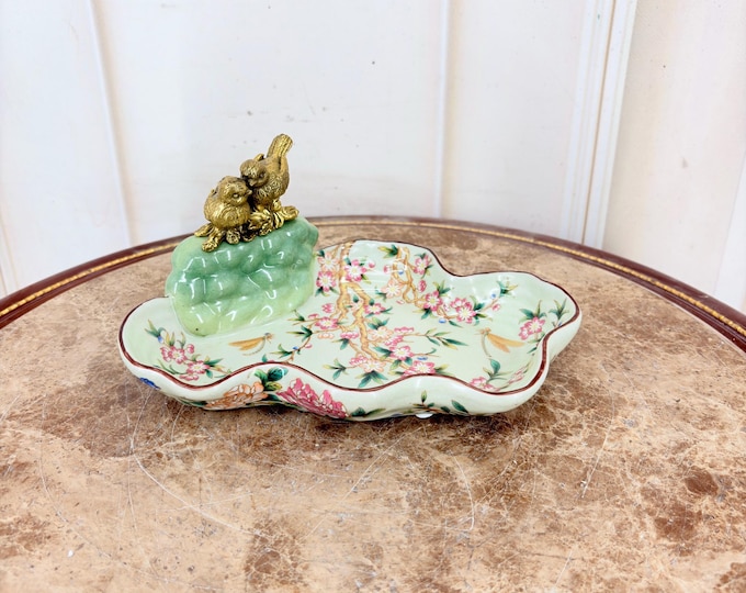 Porcelain Bowl with Bronze Bird Handle: Floral Kitchen Decor