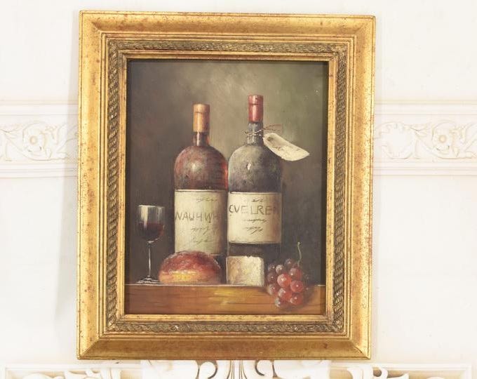 French Wine Still Life Oil Painting: Vintage Rustic Kitchen Art