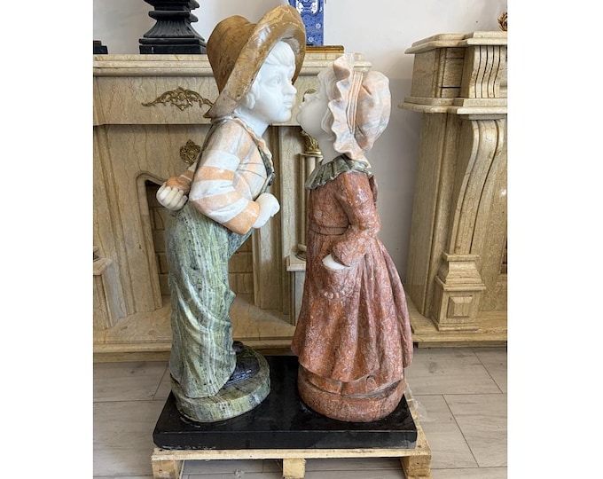 Large Vintage Marble Children Statue - Heavy Garden Sculpture - Boy and Girl Figurine 115CM