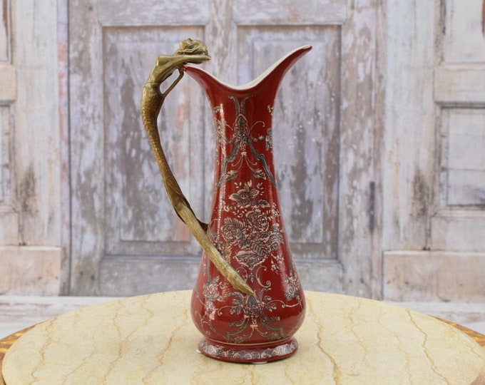 Porcelain Wine Jug with Bronze Handle - Porcelain Carafe - Bronze Mermaid Floral Ornaments - Art Nouveau Style - Home Decor - Kitchen Decor