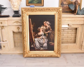 Vintage French Aristocratic Ladies Print on Canvas in Ornate Gold Frame Large Wall Art Luxury Decor