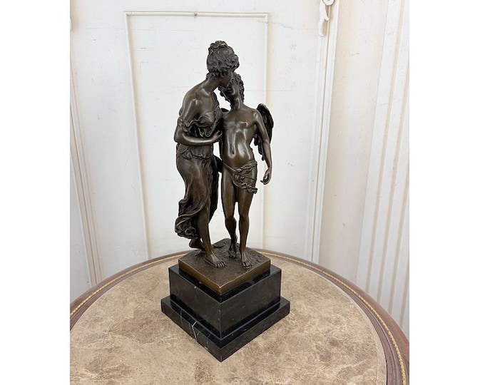 The Secret Bronze Statue - Woman and Cupid Sculpture - Ferville-Suan Style Figurine - Vintage Romantic Art Decor