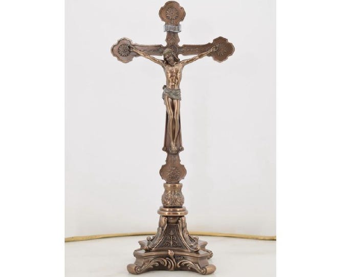 Covered Bronze Cross of the Christ - Stand Crucifix Cross Jesus Brass - Home Decor - Handmade Cross - Catholic Art - Religious Gift