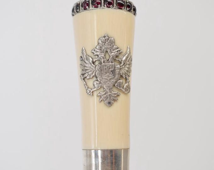 Antique Silver Walking Stick With Russian Eagles – Tsarist Russia Silver Cane – Red Stone Details – Unique Gift For Grandfather