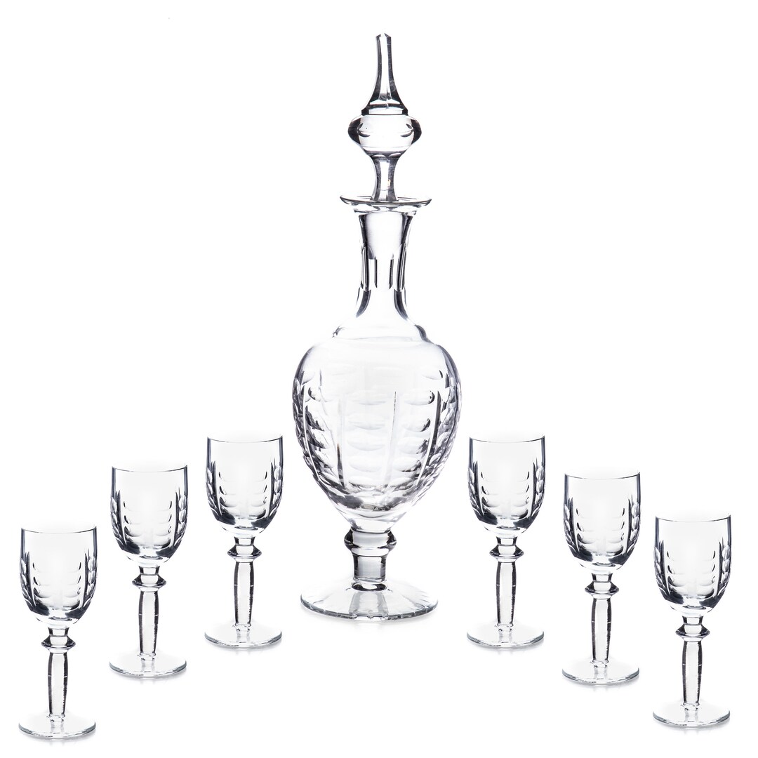 Glass Liqueur Carafe and Six Glasses Art Nouveau Style Glass Carafe for