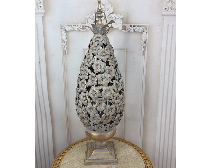 Vintage Metal Floral Lantern - Tall Decorative Flower Lamp - Ornate Silver Gold Lantern - Romantic Home Decor