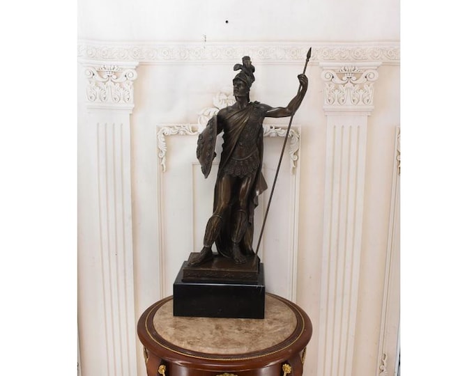 Signed Italian Bronze Roman Warrior Sculpture with Spear (29.92 inches Height)