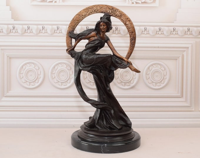 Mermaid on Half Moon - Bronze Figurine on Marble Base - Pensive Elf Thumbnail Figurine - Exclusiv Gift Idea - Foundry Mark - Home Decor