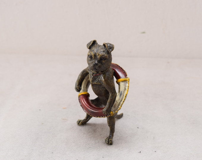Austrian Bergman Bronze Pug Vienna Dog Wearing Life Jacket Bronze Figure Gift Idea