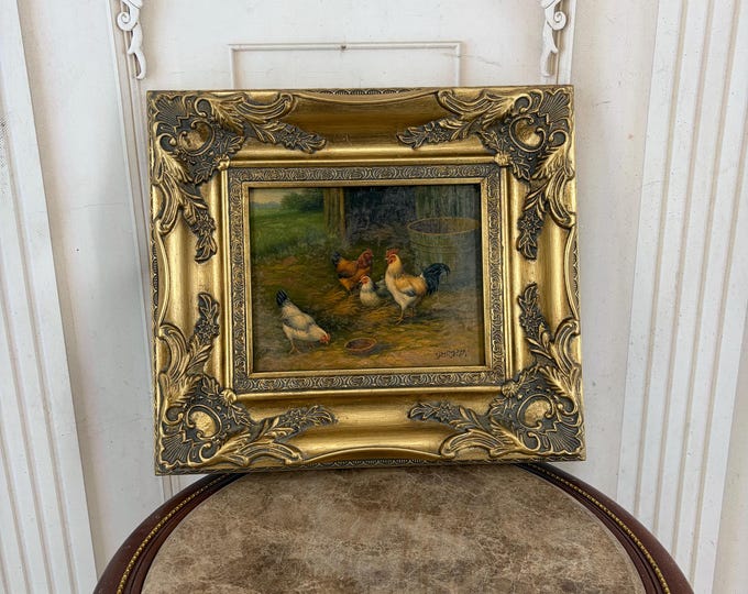 Vintage Chickens and Rooster Painting - Rural Farm Scene - Ornate Gold Frame - Unique Wall Art