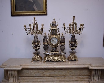 Vintage Brass & Marble Candelabra Clock Set – Baroque Home Decor