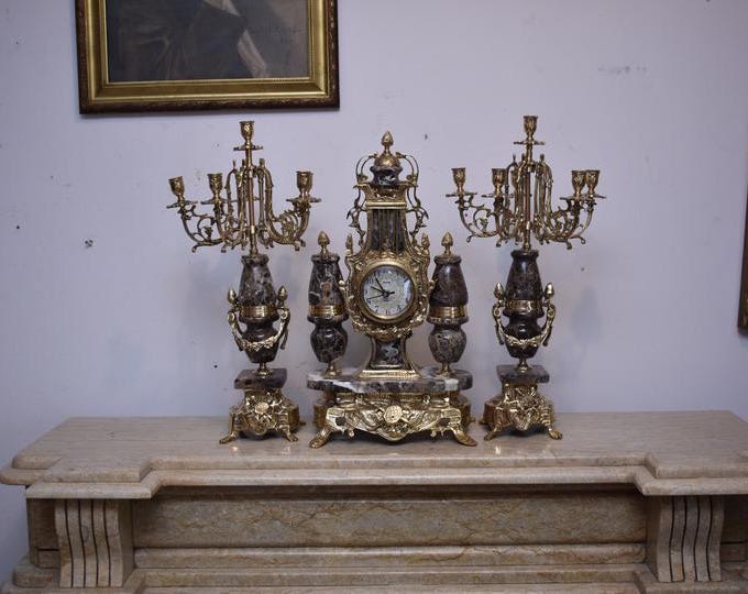 Vintage Brass & Marble Candelabra Clock Set – Baroque Home Decor