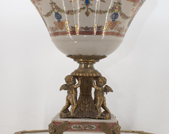 Very Rare! Bowl Porcelain with Bronze 4 Angels - Porcelain Plateau - Flowers Design - Vintage Gift - Home Decor - Regency Decor - Gift Idea