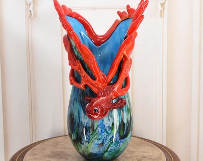 Handcrafted Murano Style Glass Vase: Blue and Red Fish Flower Pot
