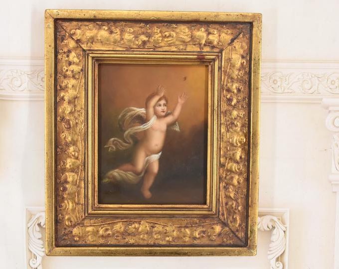 Winged Cupid Oil Painting | Thoughtful Romantic Cherub on Wood from French Estate