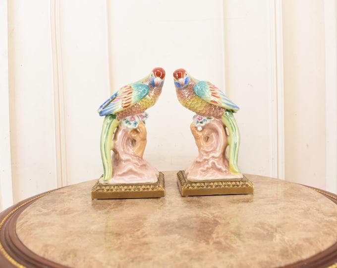 Vintage Porcelain Bookends – Bronze Birds on Branch, Signed Colorful Decor