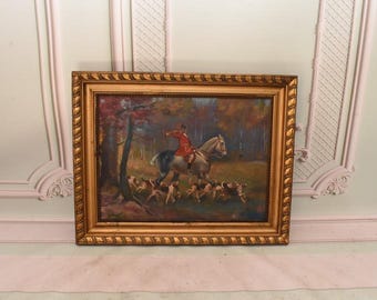 Antique Hunter on Horse Oil Painting – Vintage Gold Frame, Equestrian Art Kossak