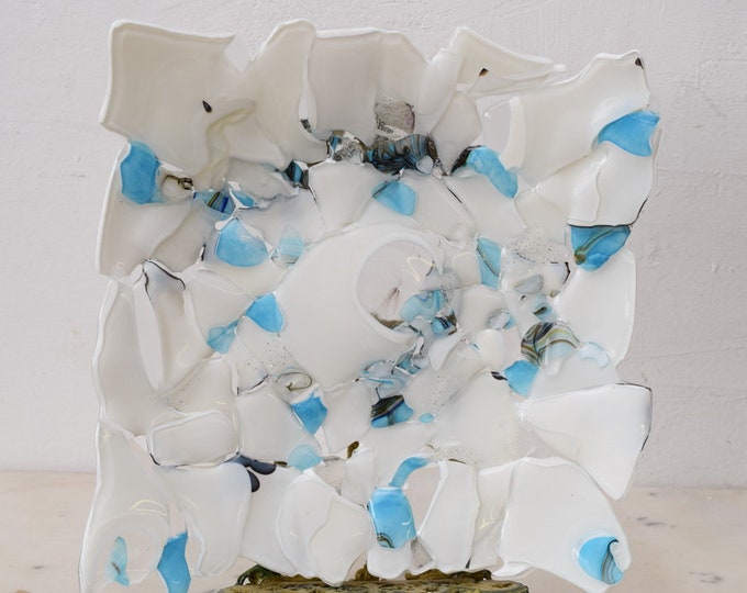 White Blue Plateau Glass on Murano Style  Beaufitul Gift Handmade Product   Art Deco