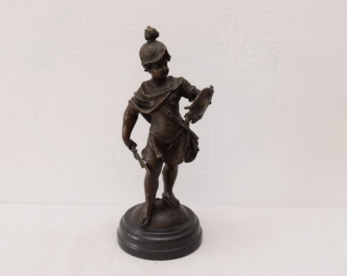 Young Boy Knight Shield with Armor - Bronze Sculpture Figure - Gift Idea -