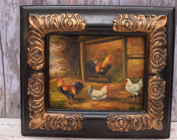 Wonderful Painting Family Rooster and Hen - Painting in Golden Frame - Painting Art Work - Wall Decor - Amazing Home Decor