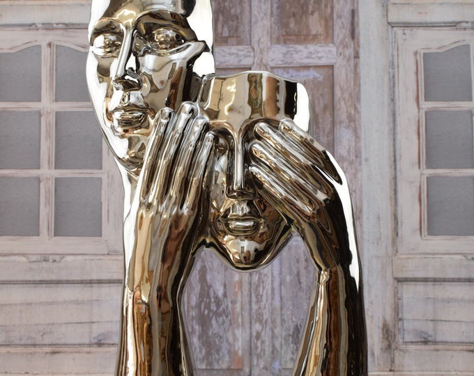 Floating Faces - Couple Art Two Faces  - Blindfolded Ceramic and Metal Silver Statue - Hands Before Eyes Modernist Statue - Home Decor