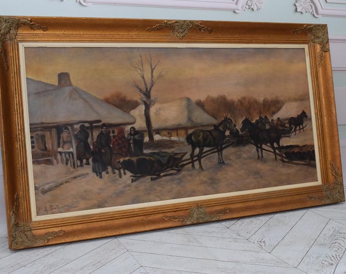 Antique Painting - Falat Hunting Trip Old Oil on Wood - Winter Landscape - Wall Decor - Elegant Gift Idea - Home Decor