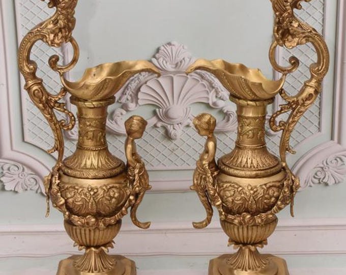 Set of Two Bronze Amphora Vases with Angels & Phoenixes | French-Style Bronze - Granite Urns | Decorative Sculptures