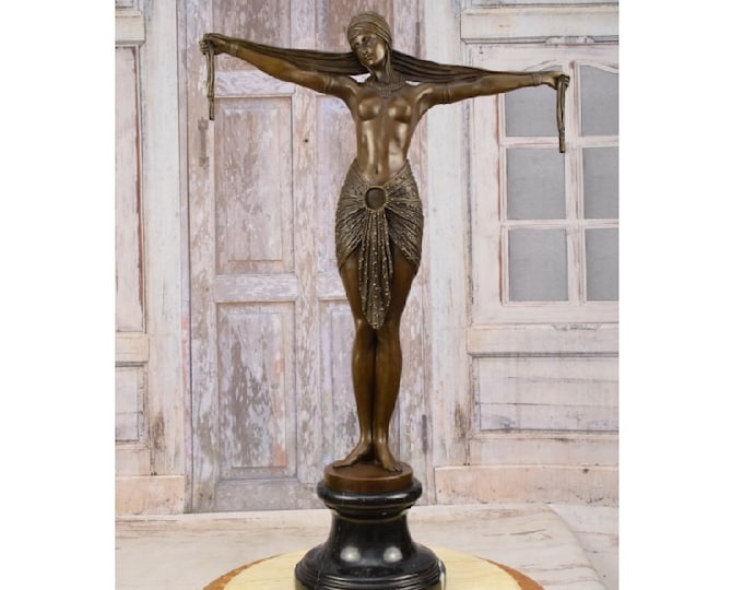 Large ! Demetre Chiparus Bronze Statue - Dancer with Shawl - Woman Cabaret Sculpture - Art Deco Figurine - Gift Idea for Dancer - Home Decor