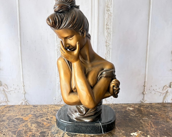 Bronze Bust of the Lady of the Camellias – Art Nouveau Woman Sculpture – Marble Base French Figure