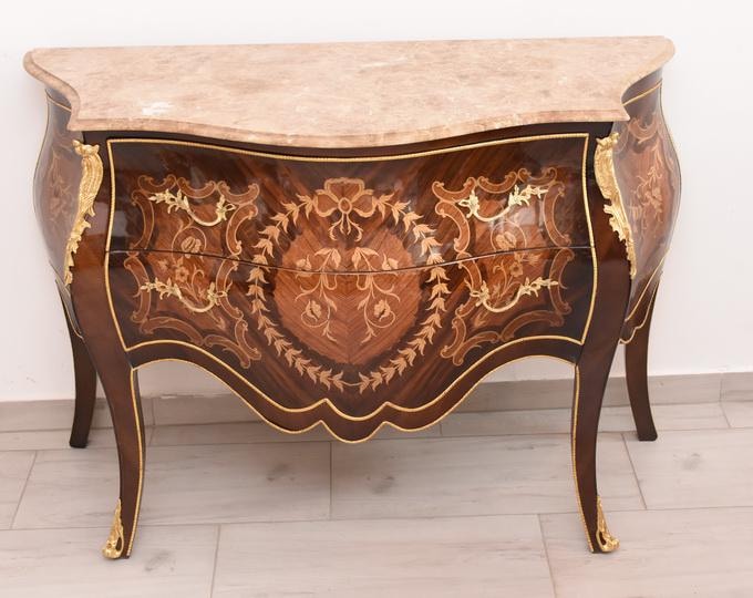 French Baroque-Style Commode — Beech Wood with Bronze Ornaments and Marble Top — Antique Chest of Drawers, France circa 1920