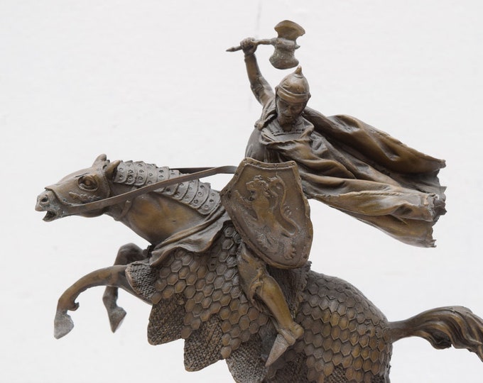 Knight on Horse Armor Shield Viking Bronze Sculpture Very Realistic Figure Gift Idea -