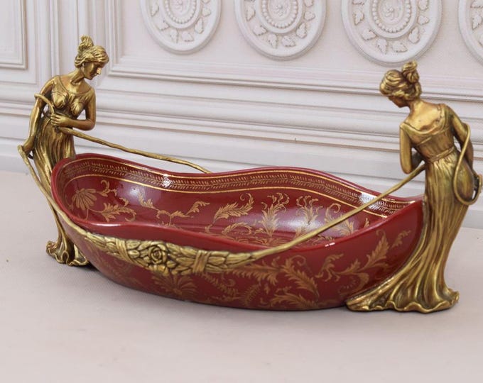 Vintage Art Nouveau Porcelain Bowl – Bronze Women Ornaments, Floral Design