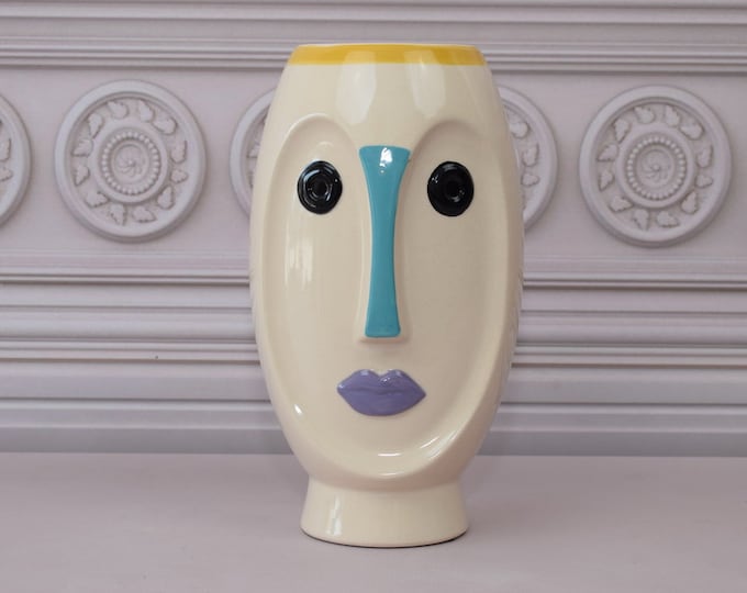 Unique Expressive Vase - Funny Face Vase - Vallauris 1960 Style - Porcelain Painted Vase - Ceramic Vase - Home Decor - Gift for Wedding
