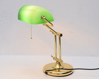 Art Deco Banker Lamp: Polished Brass with Green Glass