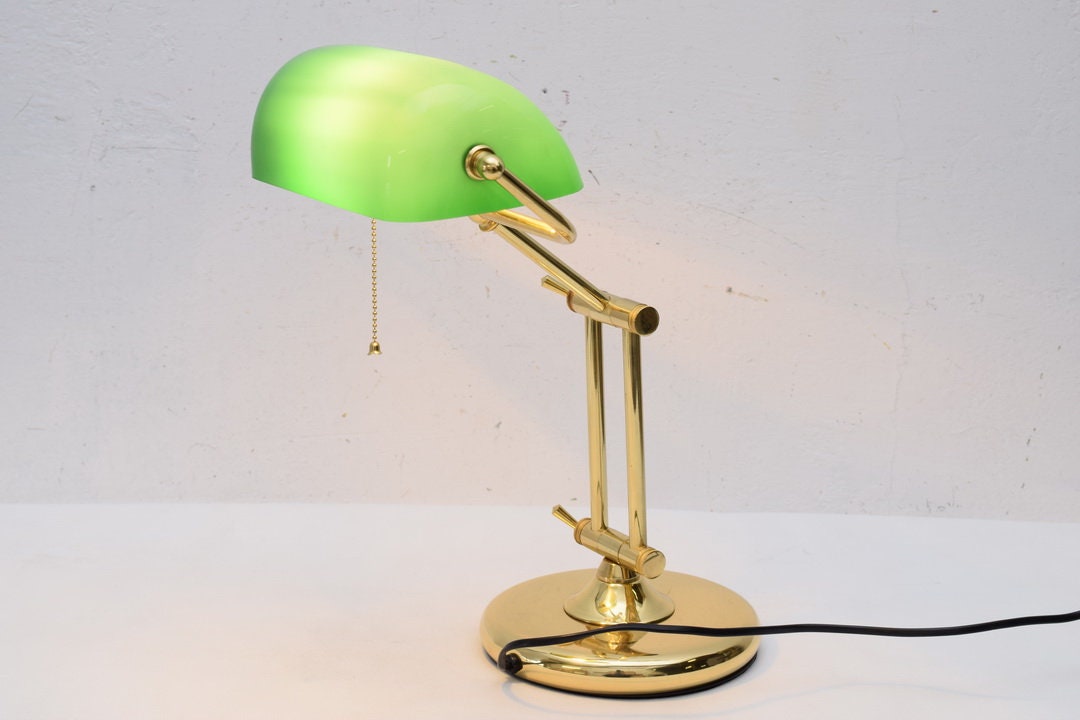 Bankers Polished Brass and Gloss Green Desk Lamp - Zest Lighting